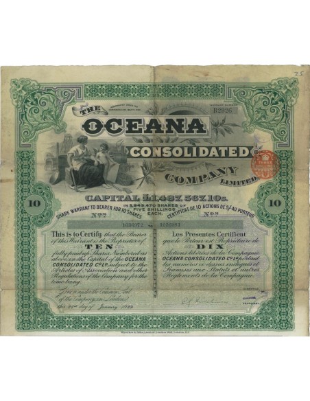 THE OCEANIA CONSOLIDATED COMP. - WARRANT DI 10 AZIONI 1929