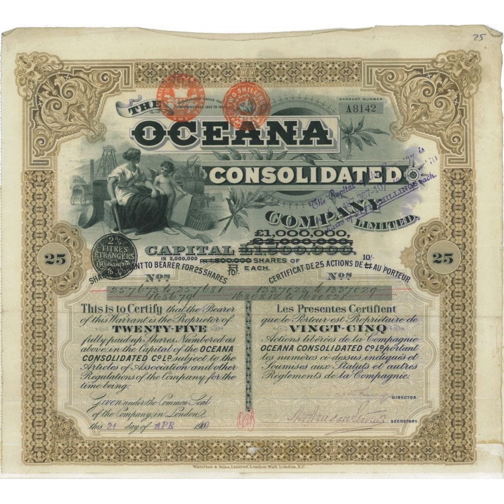 THE OCEANIA CONSOLIDATED COMP. - WARRANT DI 25 AZIONI 1925
