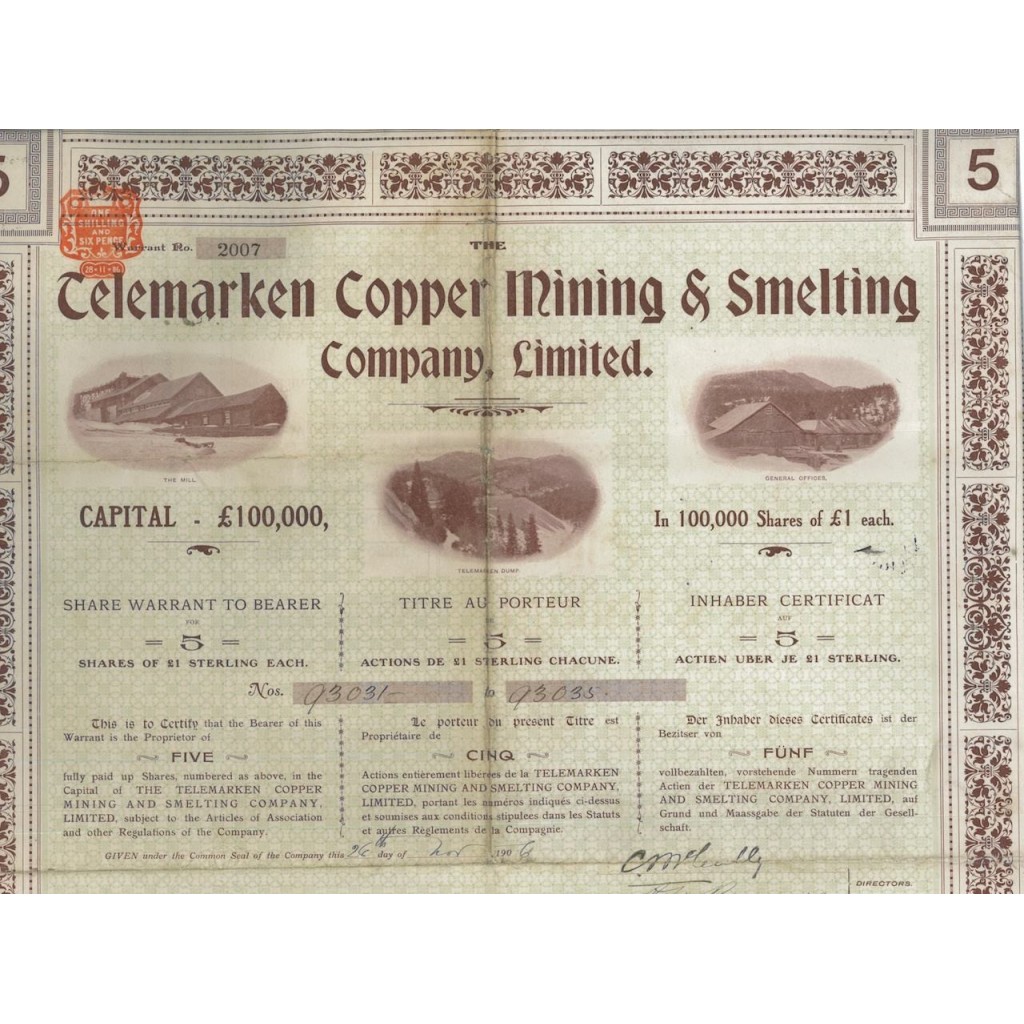 TELEMARKEN COPPER MINING AND SMELTING COMP. LTD 5 AZIONI- 1906