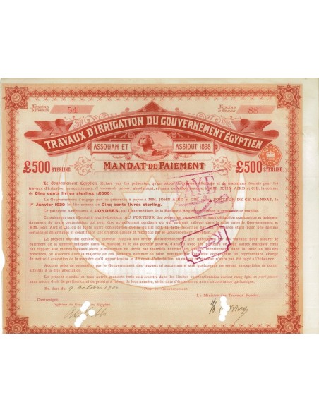TRAVAUX D'IRRIGATION DU GOUVERNMENT EGYPTIEN 500 STERLINE 1900