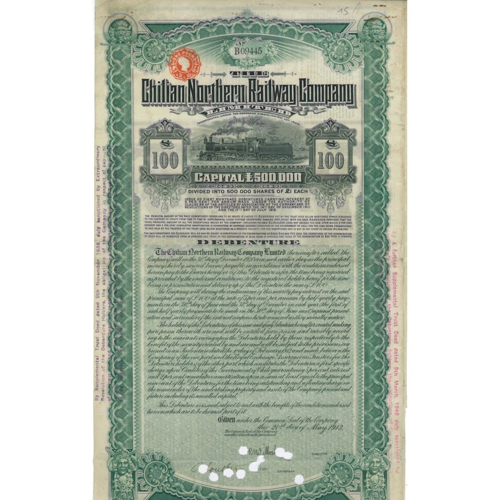 CHILIAN NORTHERN RAILWAY COMPANY - 100 STERLINE - 1913