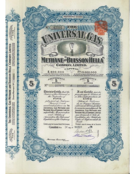 THE UNIVERSAL GAS METHANE AND BUISSON HELLA - 5 AZIONI 1908