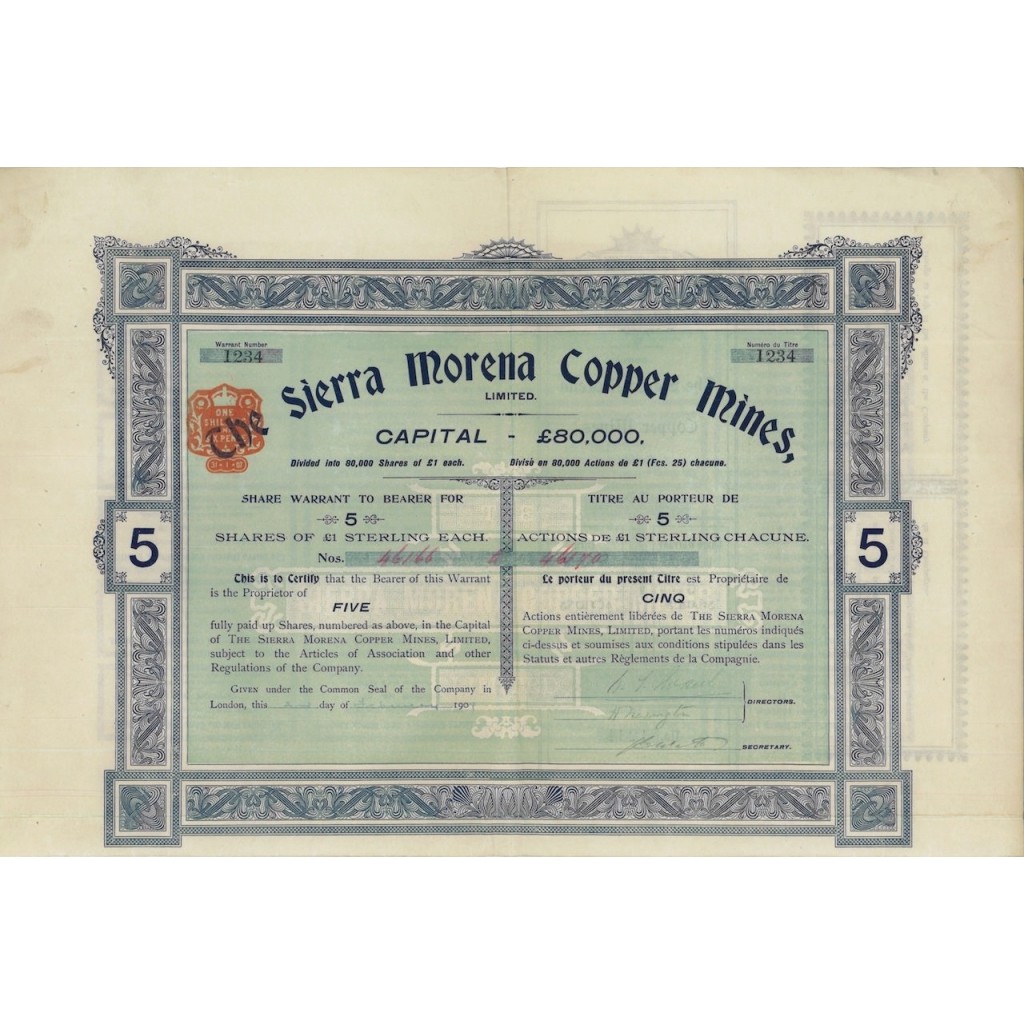 SIERRA MORENA COPPER MINES, LIMITED - 5 AZIONI - 1909