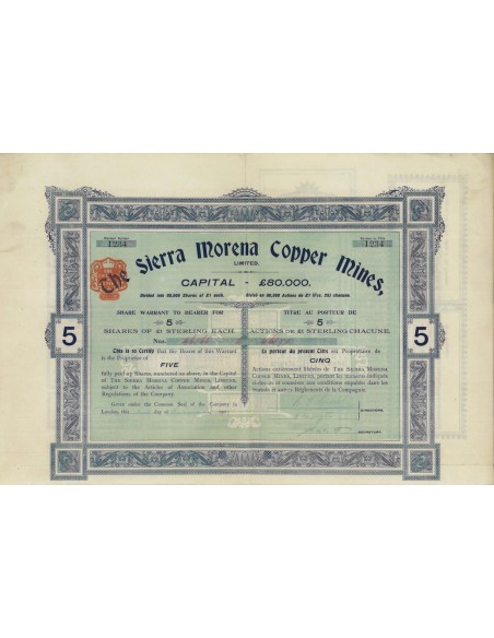SIERRA MORENA COPPER MINES, LIMITED - 5 AZIONI - 1909