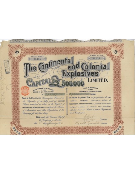 THE CONTINENTAL AND COLONIAL EXPLOSIVES LIMITED - 5 AZIONI 1912