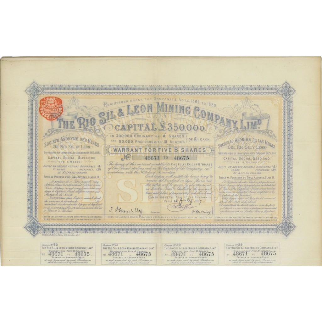 THE RIO SIL AND LEON MINING COMPANY LTD 5 AZIONI - 1887
