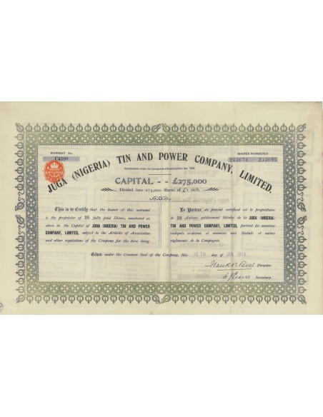 JUGA TIN AND POWER COMPANY, LTD. 25 AZIONI - 1913