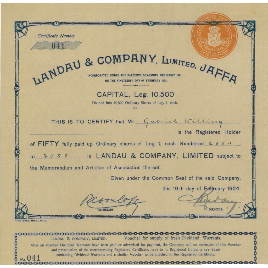 LANDAU AND COMPANY, LIMITED JAFFA - 50 AZIONI - 1924