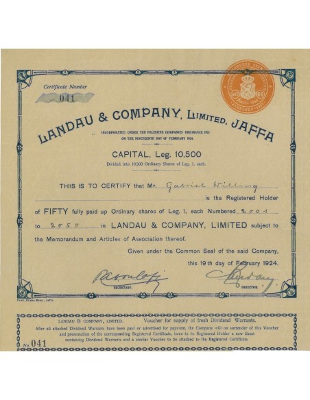 LANDAU AND COMPANY, LIMITED JAFFA - 50 AZIONI - 1924