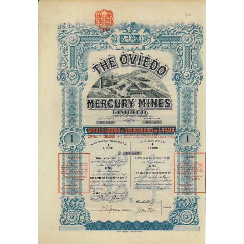 THE OVIEDO MERCURY MINES LIMITED - 1 AZIONE 1907