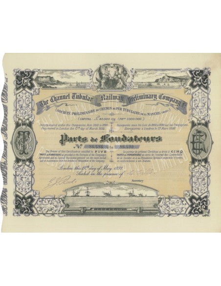 THE CHANNEL RAILWAY PRELIMINARY COMPANY - 5 AZIONI - 1892