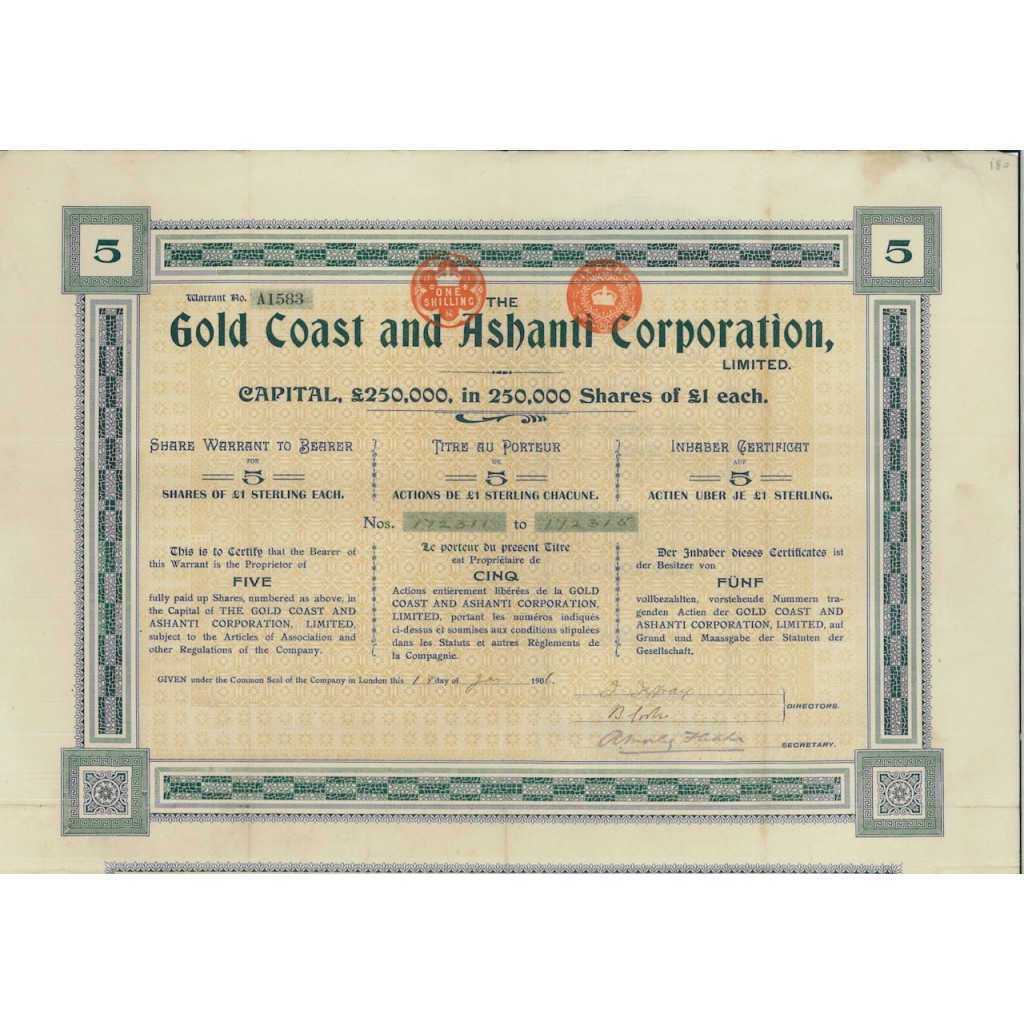 GOLD COAST AND ASHANTI CORP. - 5 AZIONI - 1906