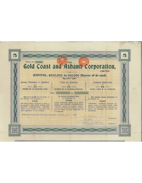 GOLD COAST AND ASHANTI CORP. - 5 AZIONI - 1906