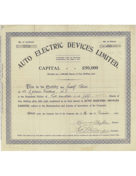 AUTO ELECTRIC DEVICES LIMITED - 250 AZIONI - 1928