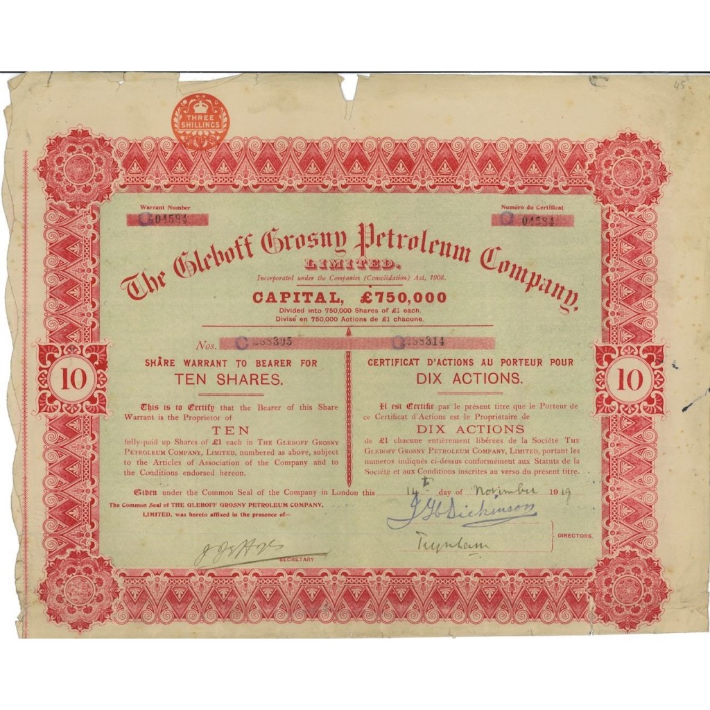 THE GLEBOFF GROSNY PETROLEUM COMPANY - 10 AZIONI - 1919