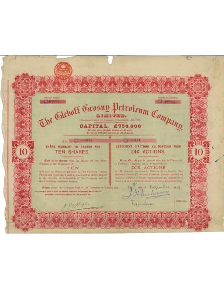 THE GLEBOFF GROSNY PETROLEUM COMPANY - 10 AZIONI - 1919