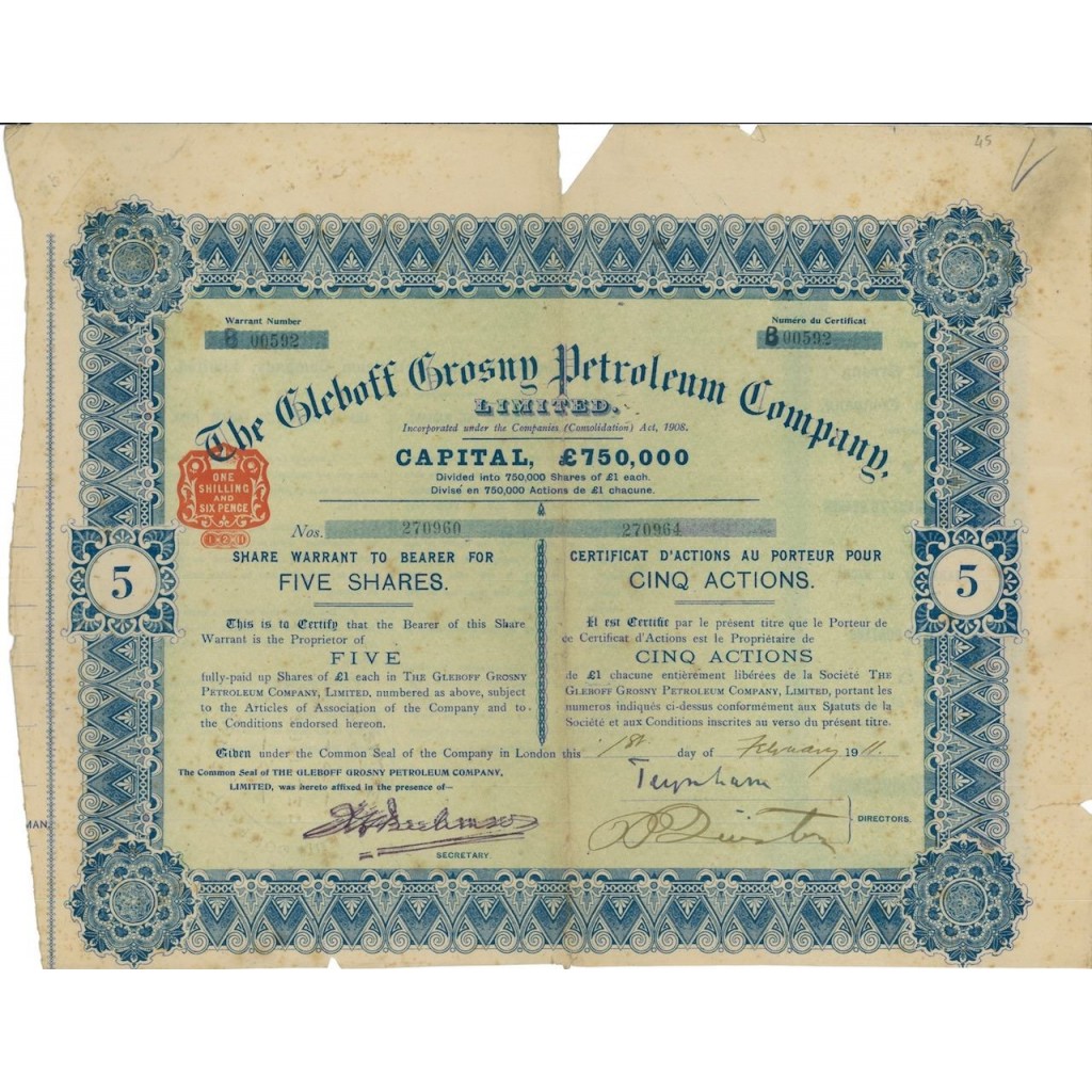 THE GLEBOFF GROSNY PETROLEUM COMPANY - 5 AZIONI - 1911