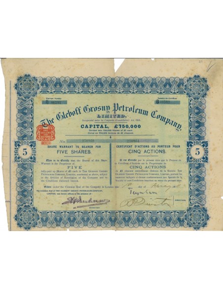 THE GLEBOFF GROSNY PETROLEUM COMPANY - 5 AZIONI - 1911