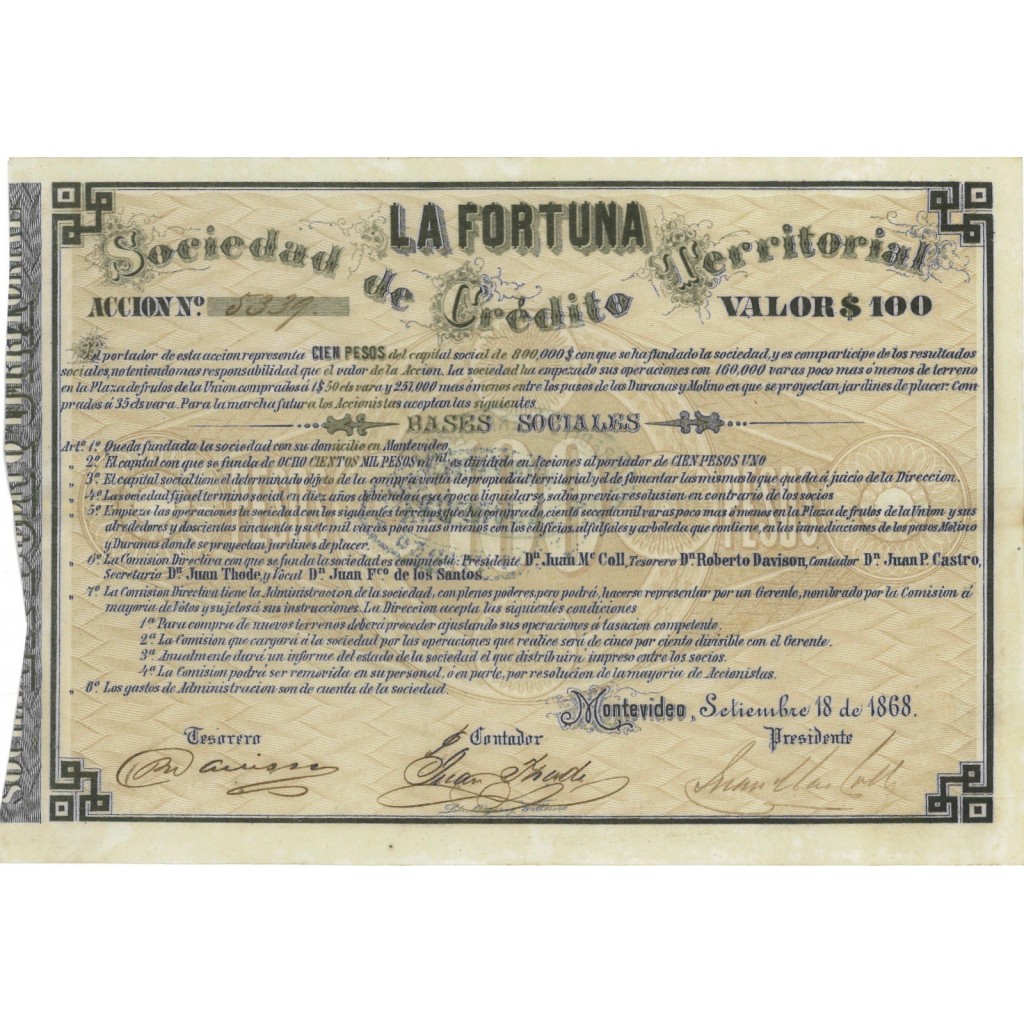 LA FORTUNA SOC. DE CREDITO TERRITORIAL 1 AZIONE DA 100 DOLLARI 1868