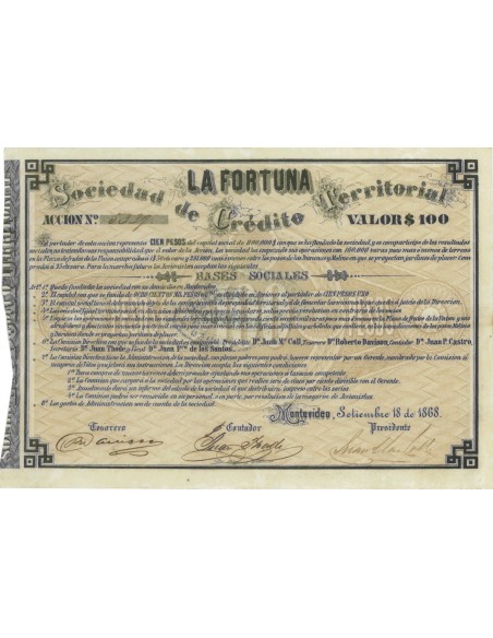 LA FORTUNA SOC. DE CREDITO TERRITORIAL 1 AZIONE DA 100 DOLLARI 1868