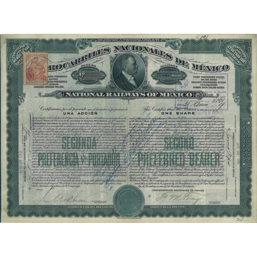 FERROCARILES NACIONALES DE MEXICO 1 AZIONE 1910