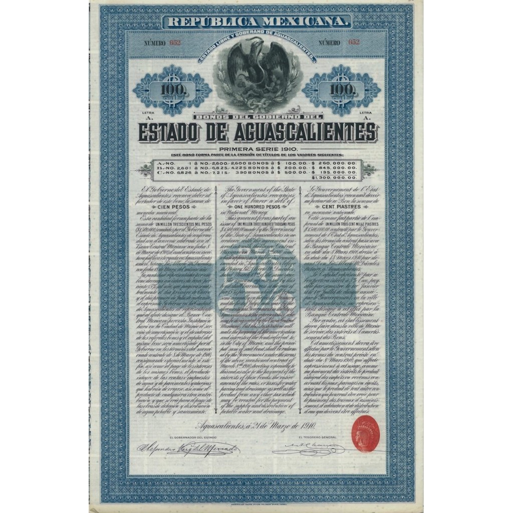 STATO DI AGUASCALINTES - 100 DOLLARI - 1910