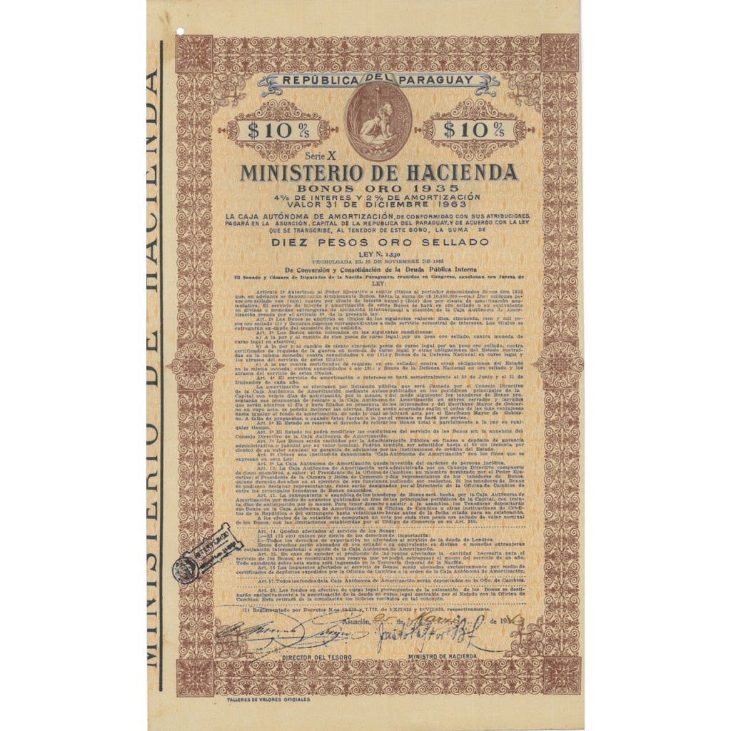 MINISTERIO DE HACIENDA - 10 DOLLARI - 1943