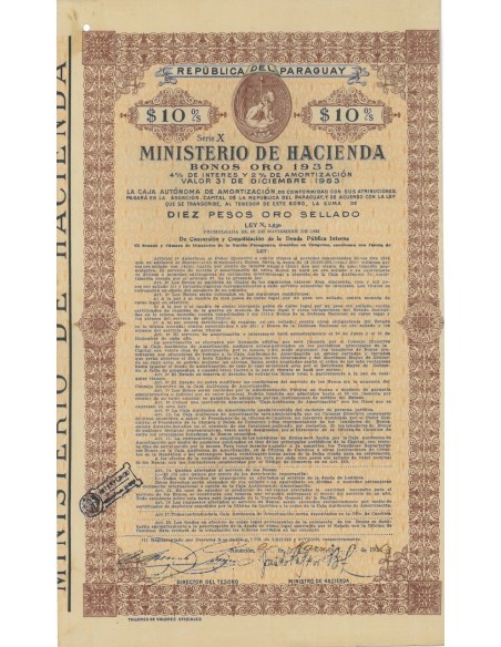 MINISTERIO DE HACIENDA - 10 DOLLARI - 1943