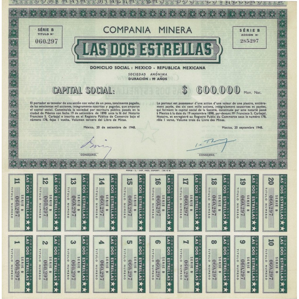COMPANIA MINERA LAS DOS ESTRELLAS - 1 AZIONE 1948