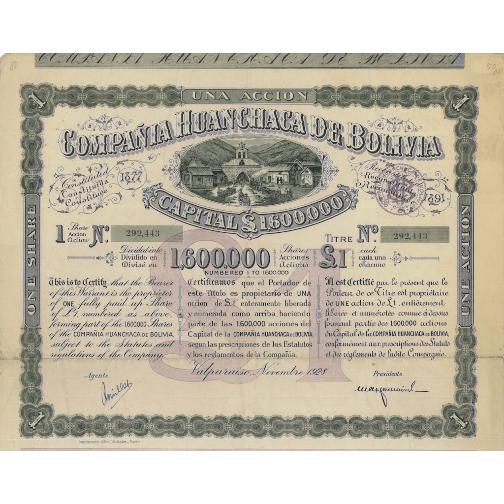 COMPANIA HUNCHACA DE BOLIVIA 1 AZIONE 1938