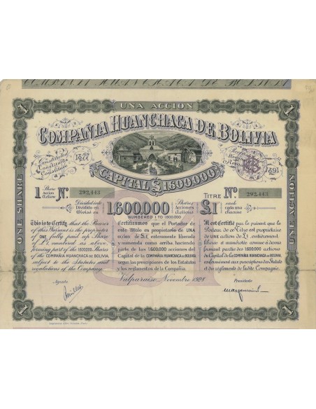 COMPANIA HUNCHACA DE BOLIVIA 1 AZIONE 1938