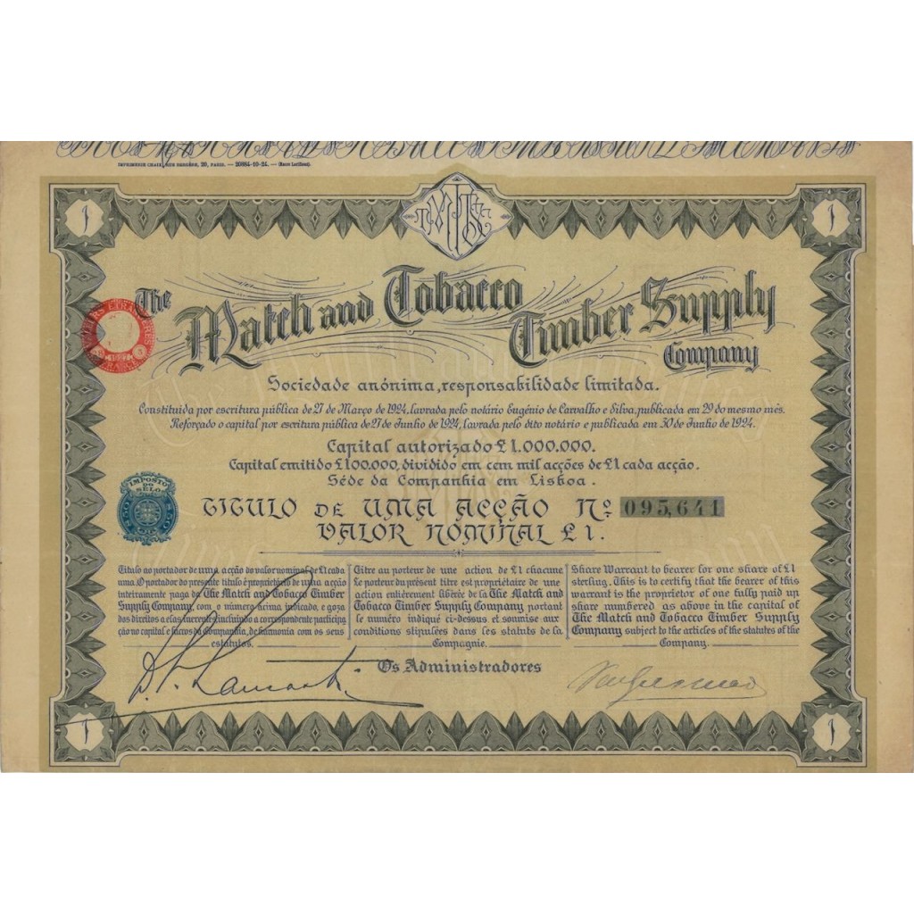 THE MATCH AND TOBACCO TIMBER SUPPLY COMPANY 1 AZIONE 1924