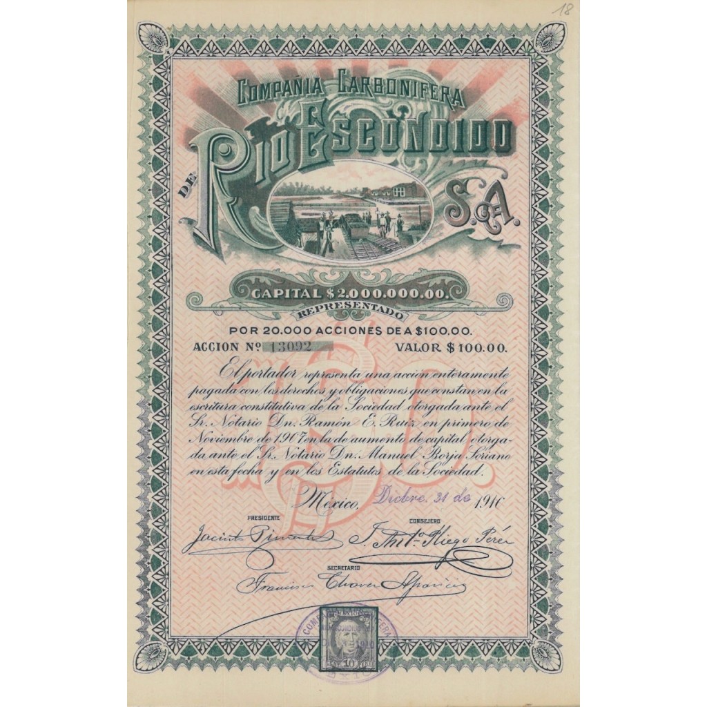 COMPANIA CARBONIFERA RIO ESCONDIDO S.A. 1 AZIONE 1910
