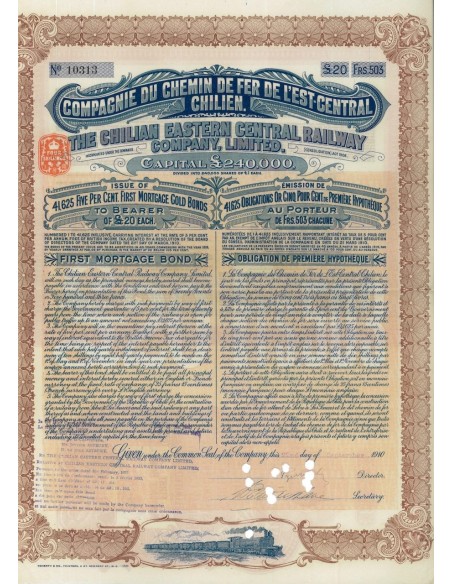 COMP. DU CHEMIN DE FER DE L'EST CENTRAL CHILIEN 1 OBB. 1910