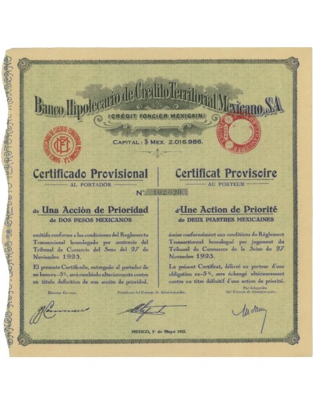 BANCO HIPOTECARIO DE CREDITO TERRITORIAL MEXICANO 1 AZIONE 1923