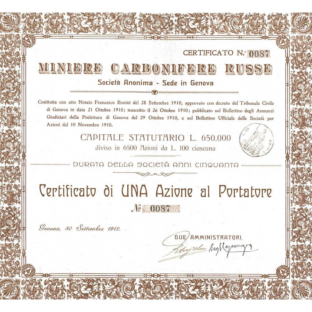 MINIERE CARBONIFERE RUSSE - 1 AZIONE GENOVA 1912