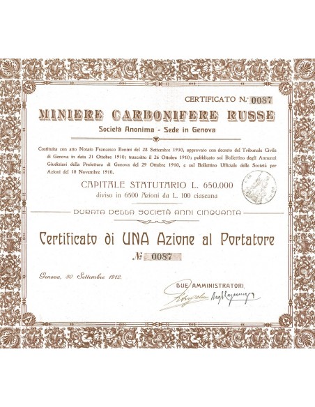 MINIERE CARBONIFERE RUSSE - 1 AZIONE GENOVA 1912