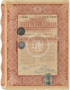 COMPANIA MINERA NAZARENO Y ANEXAS - 5 AZIONI - 1924