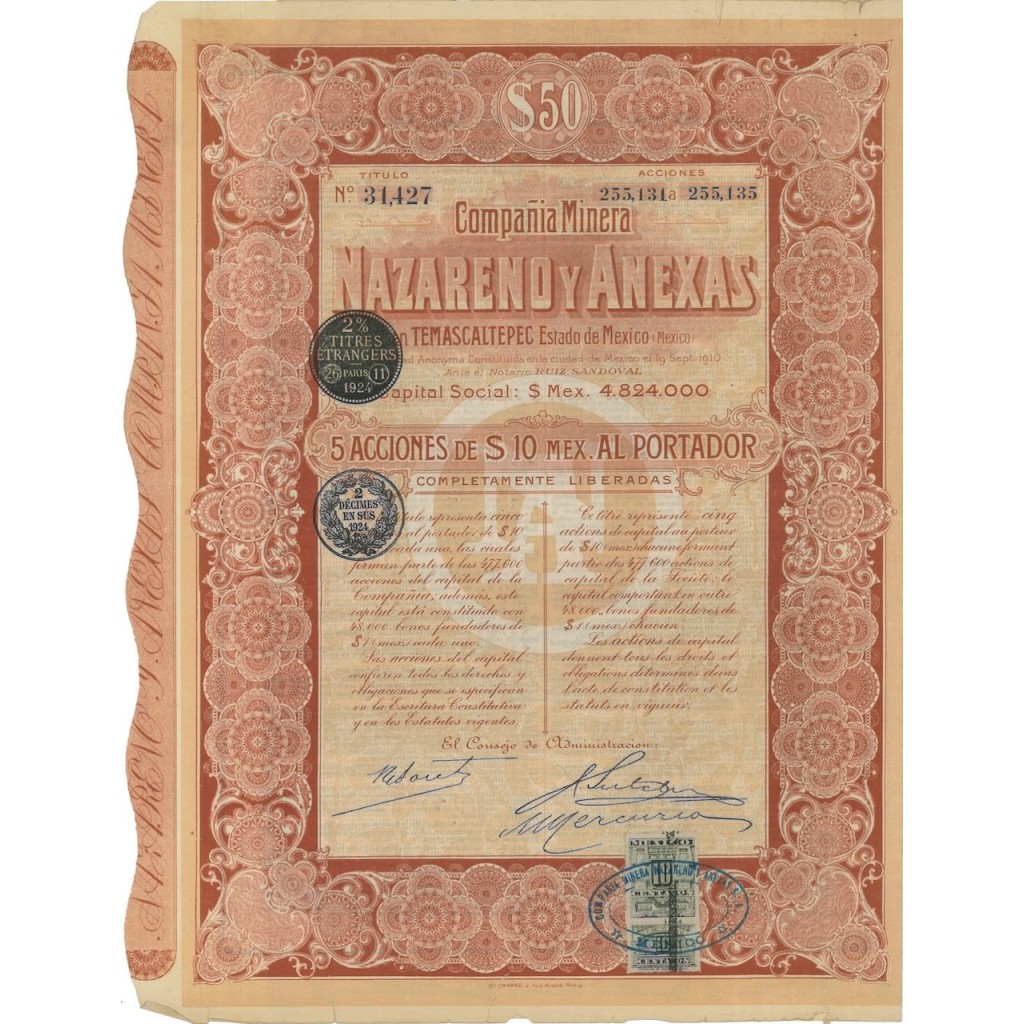 COMPANIA MINERA NAZARENO Y ANEXAS - 5 AZIONI - 1924