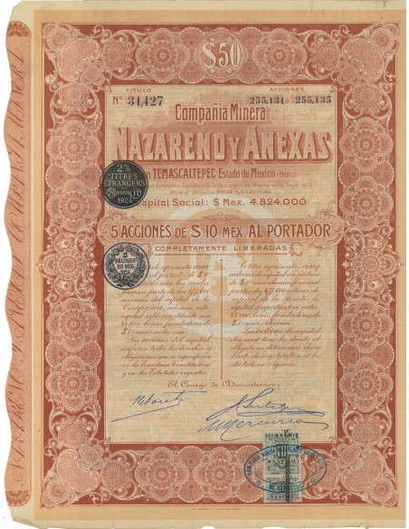 COMPANIA MINERA NAZARENO Y ANEXAS - 5 AZIONI - 1924