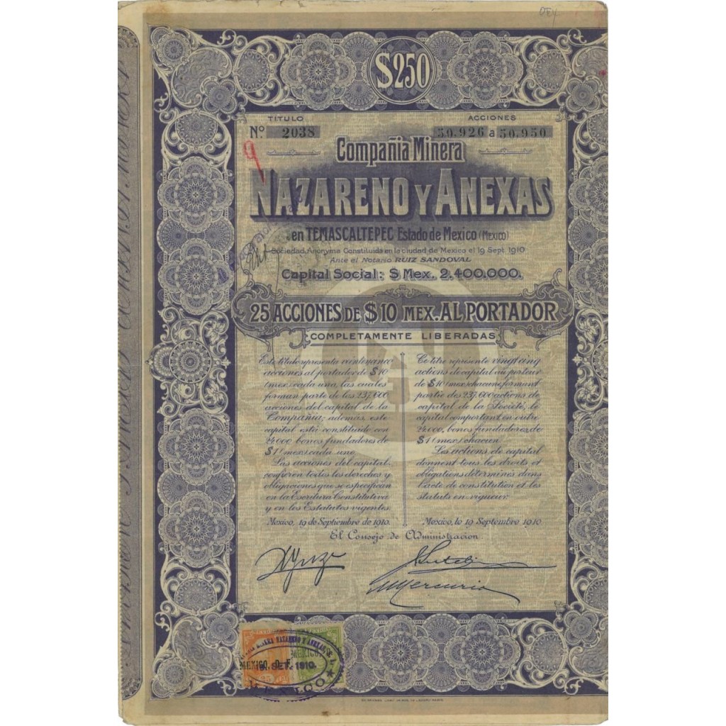 COMPANIA MINERA NAZARENO Y ANEXAS - 25 AZIONI - 1910