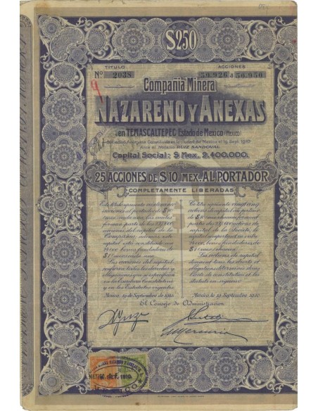 COMPANIA MINERA NAZARENO Y ANEXAS - 25 AZIONI - 1910