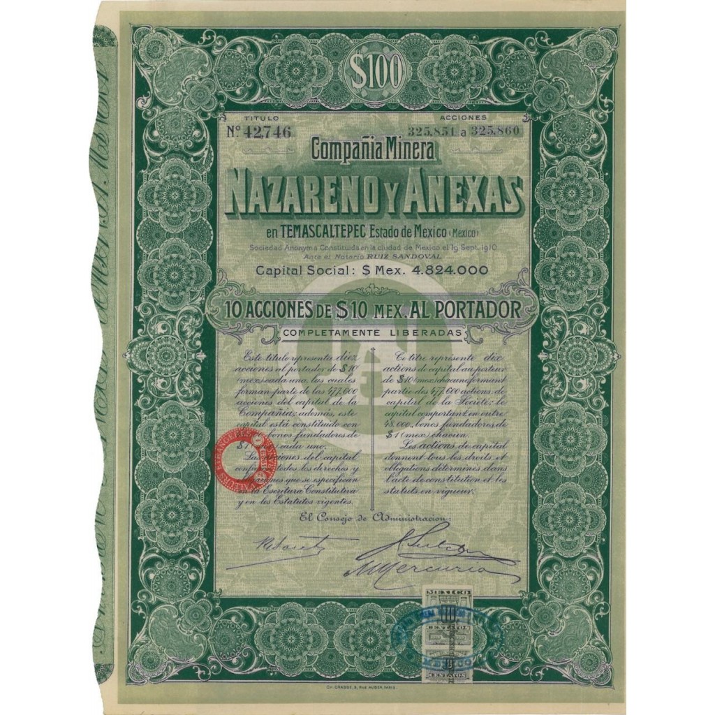 COMPANIA MINERA NAZARENO Y ANEXAS - 10 AZIONI - 1929