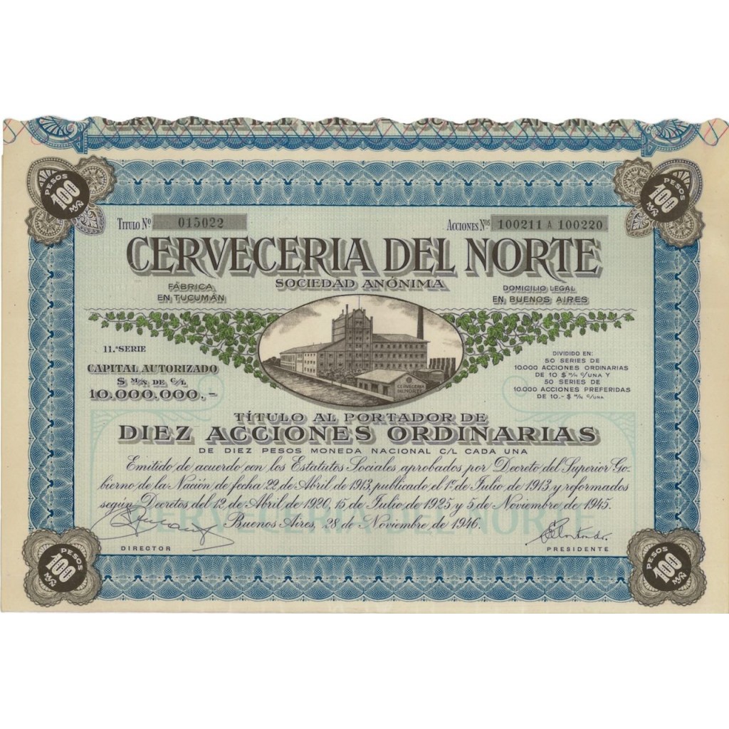 CERVECERIA DEL NORTE SOC. ANON. 10 AZIONI - 1946