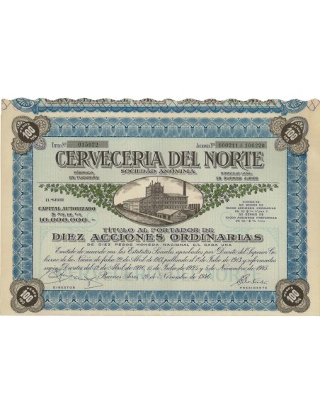 CERVECERIA DEL NORTE SOC. ANON. 10 AZIONI - 1946