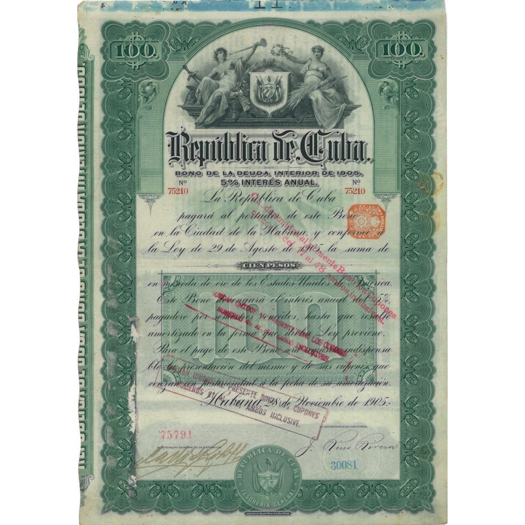 REPUBLICA DE CUBA - OBBLIGAZ. DA 100 DOLLARI - 1905