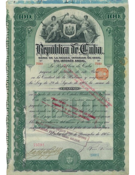 REPUBLICA DE CUBA - OBBLIGAZ. DA 100 DOLLARI - 1905
