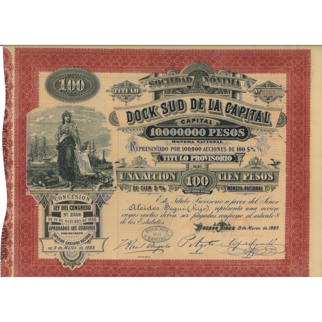 SOC.ANON. DOCK SUD DE LA CAPITAL - 1 AZIONE - 1889
