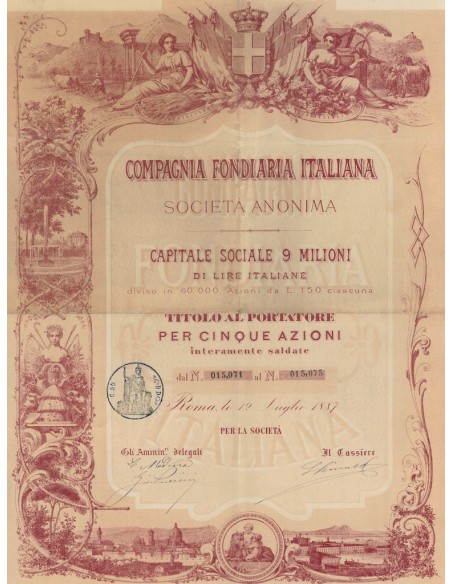 COMPAGNIA FONDIARIA ITALIANA - 5 AZIONI ROMA 1887