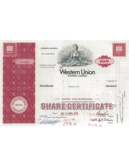 WESTERN UNION TELEGRAPH COMPANY - 100 AZIONI - 1968